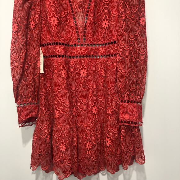 Free People x Saylor Darragh Cutout Pearl Clasps Lace Mini Dress Rose Red Size M - Picture 6 of 14
